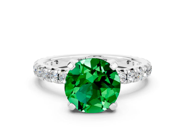 Platinum Round Cut Emerald Pavé Solitaire Ring with Round Band and Prong Setting