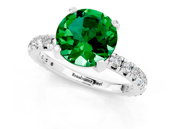 Silver Round Cut Emerald Pavé Solitaire Ring with Round Band and Prong Setting