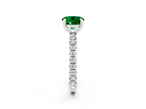 Platinum Round Cut Emerald Pavé Solitaire Ring with Round Band and Prong Setting