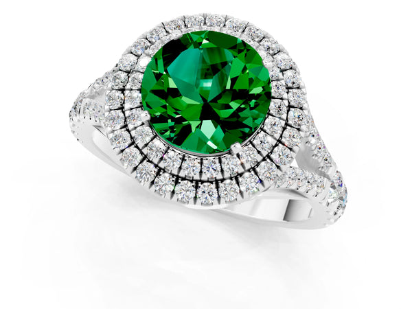 White gold Round Cut Emerald Pavé Split Shank Double Halo Engagement Ring