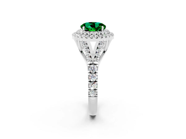 Platinum Round Cut Emerald Pavé Split Shank Double Halo Engagement Ring
