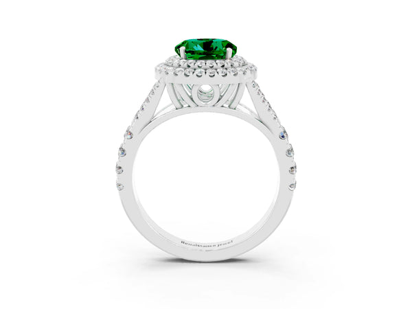 Platinum Round Cut Emerald Pavé Split Shank Double Halo Engagement Ring