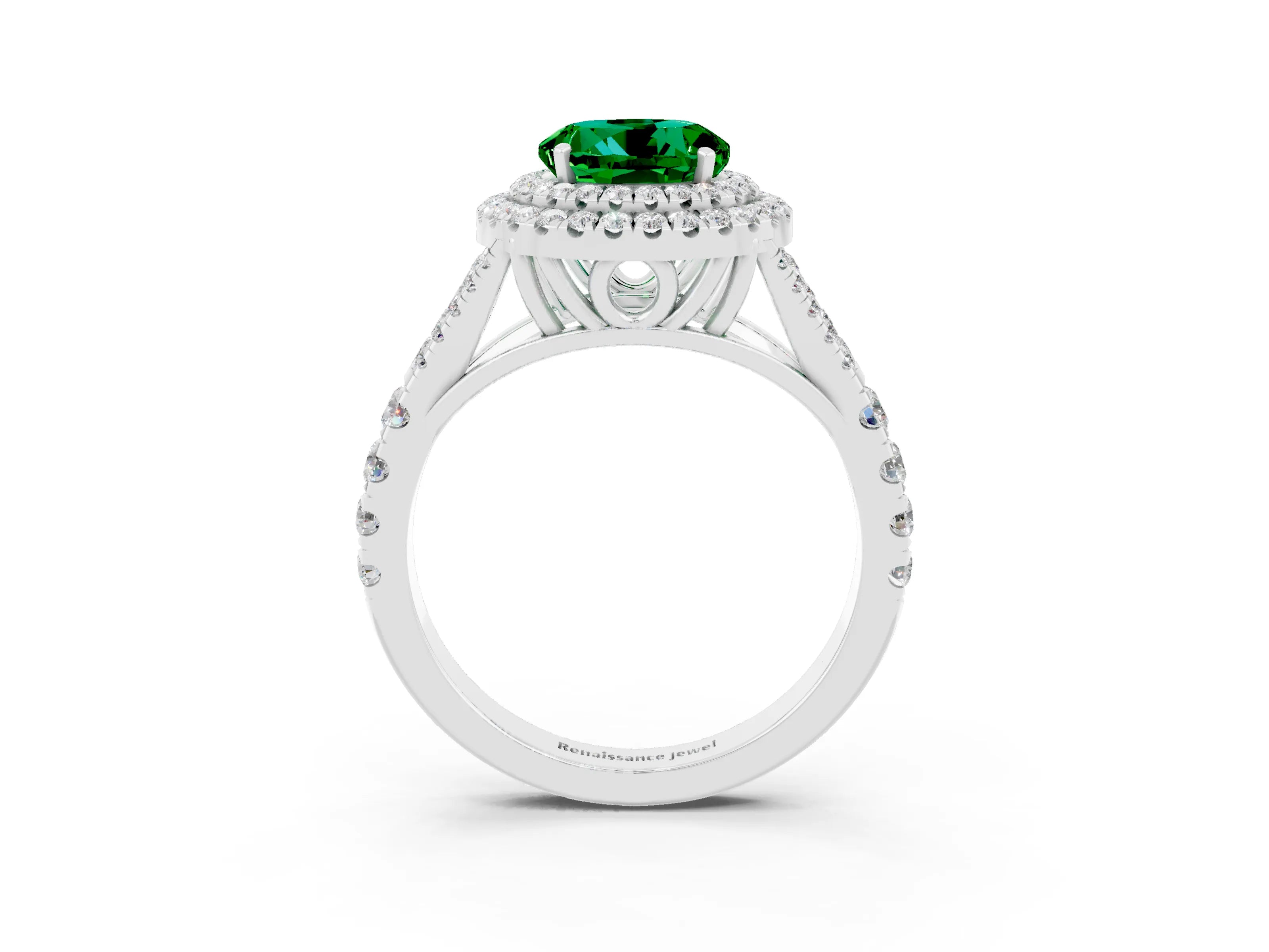 White gold Round Cut Emerald Pavé Split Shank Double Halo Engagement Ring_3