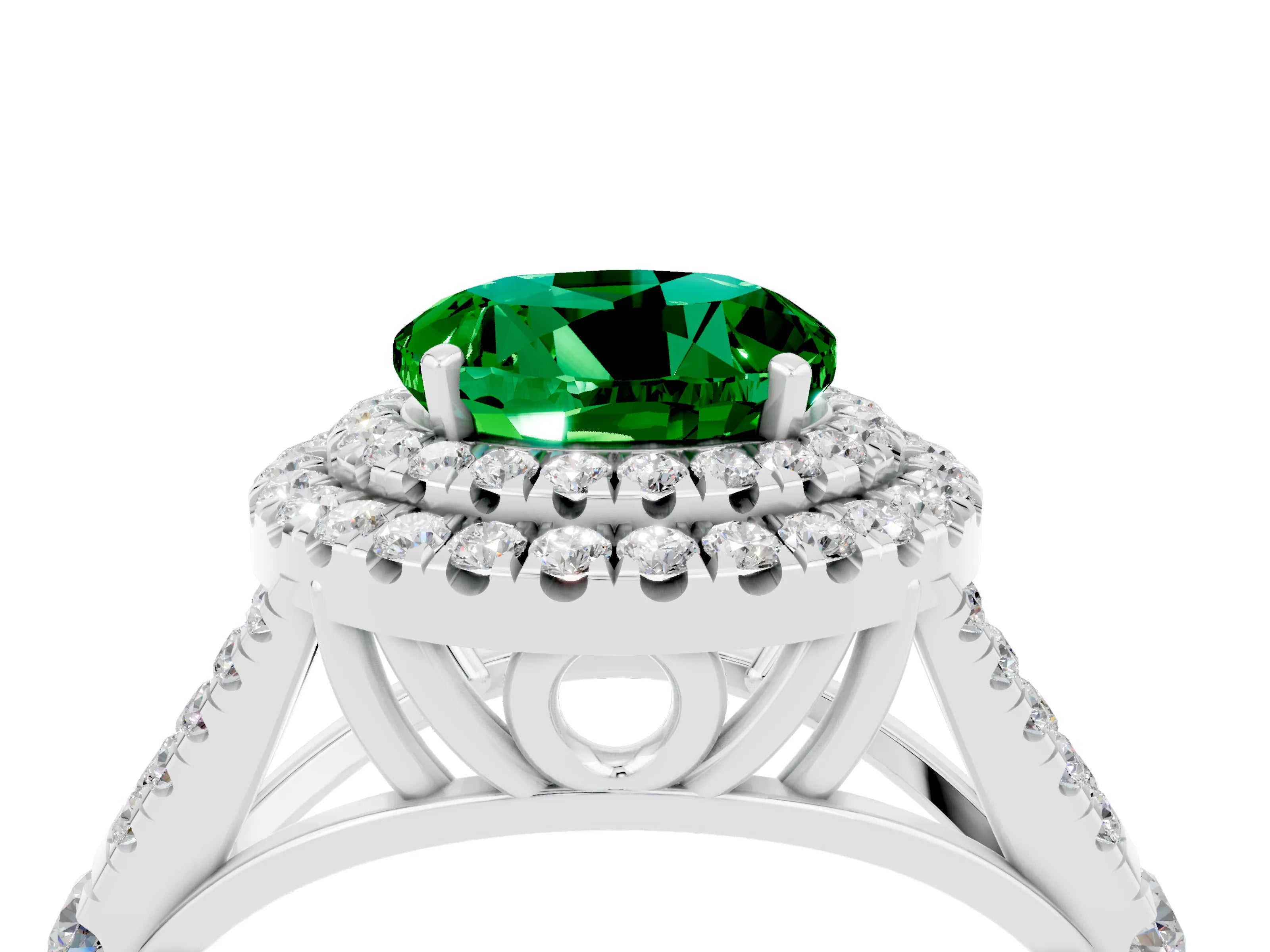 White gold Round Cut Emerald Pavé Split Shank Double Halo Engagement Ring_4