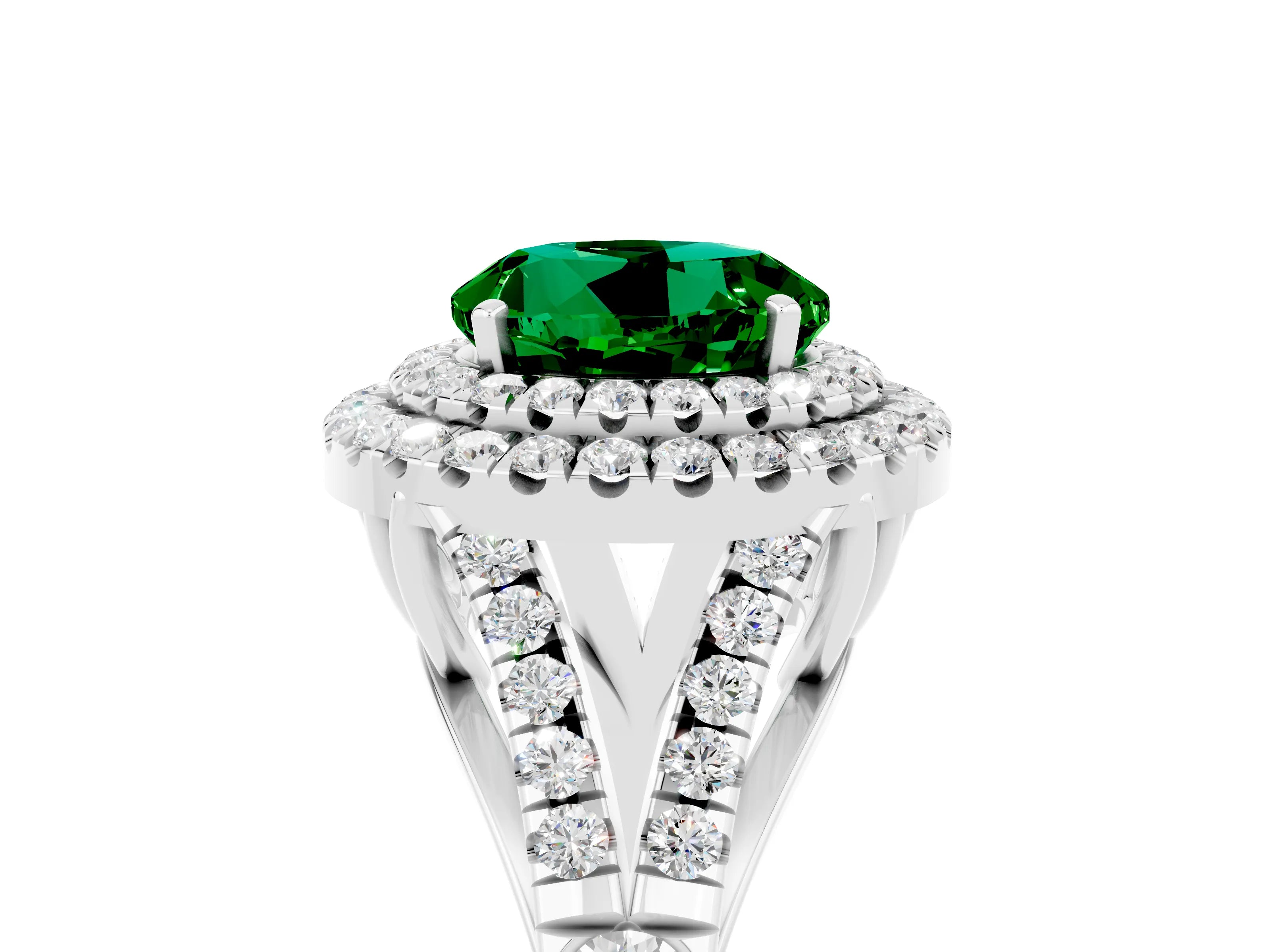 White gold Round Cut Emerald Pavé Split Shank Double Halo Engagement Ring_5
