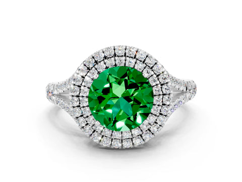 White gold Round Cut Emerald Pavé Split Shank Double Halo Engagement Ring
