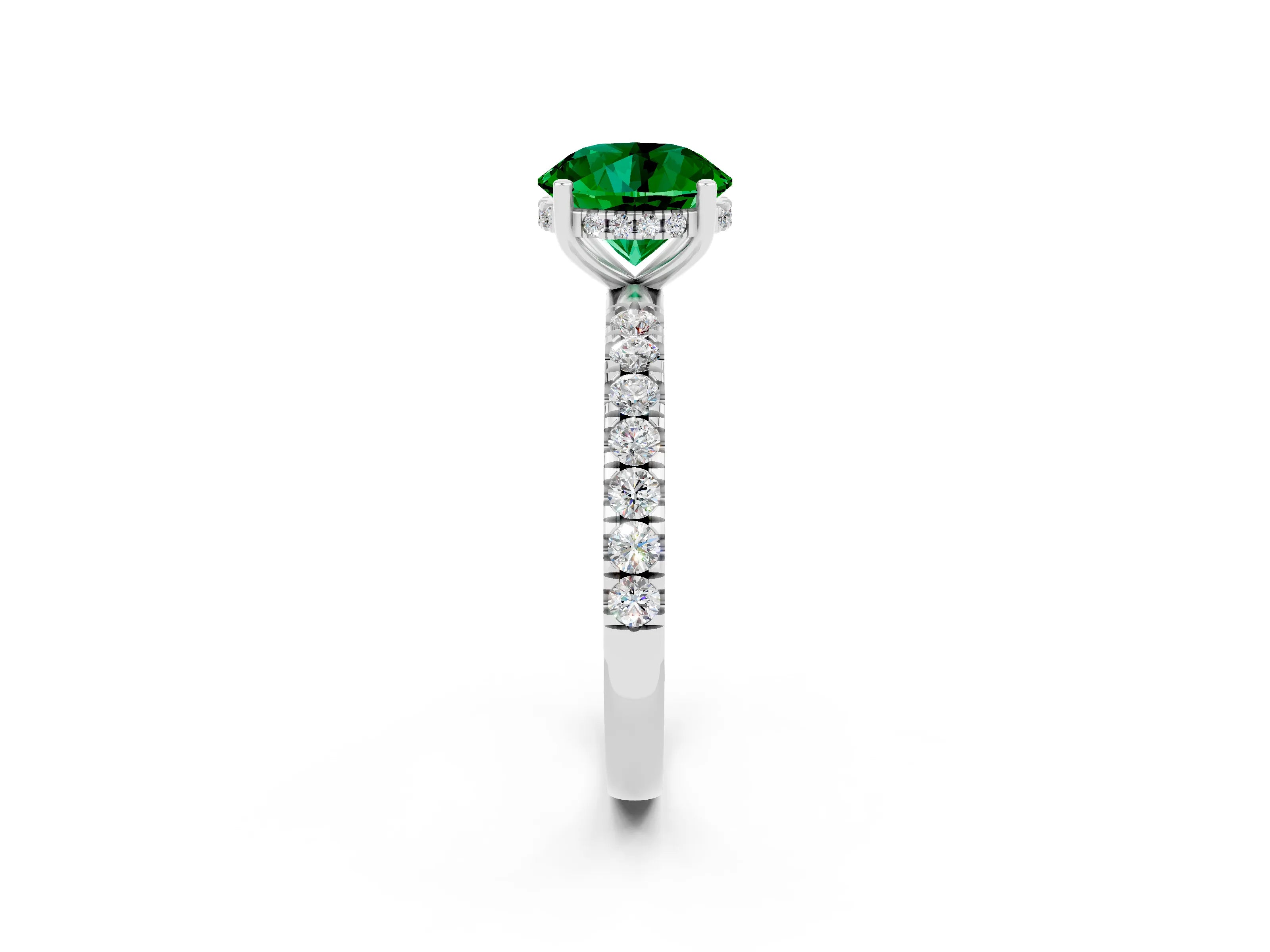White gold Round Cut Emerald Pave Band Solitaire Ring with Four-Prong Setting_50