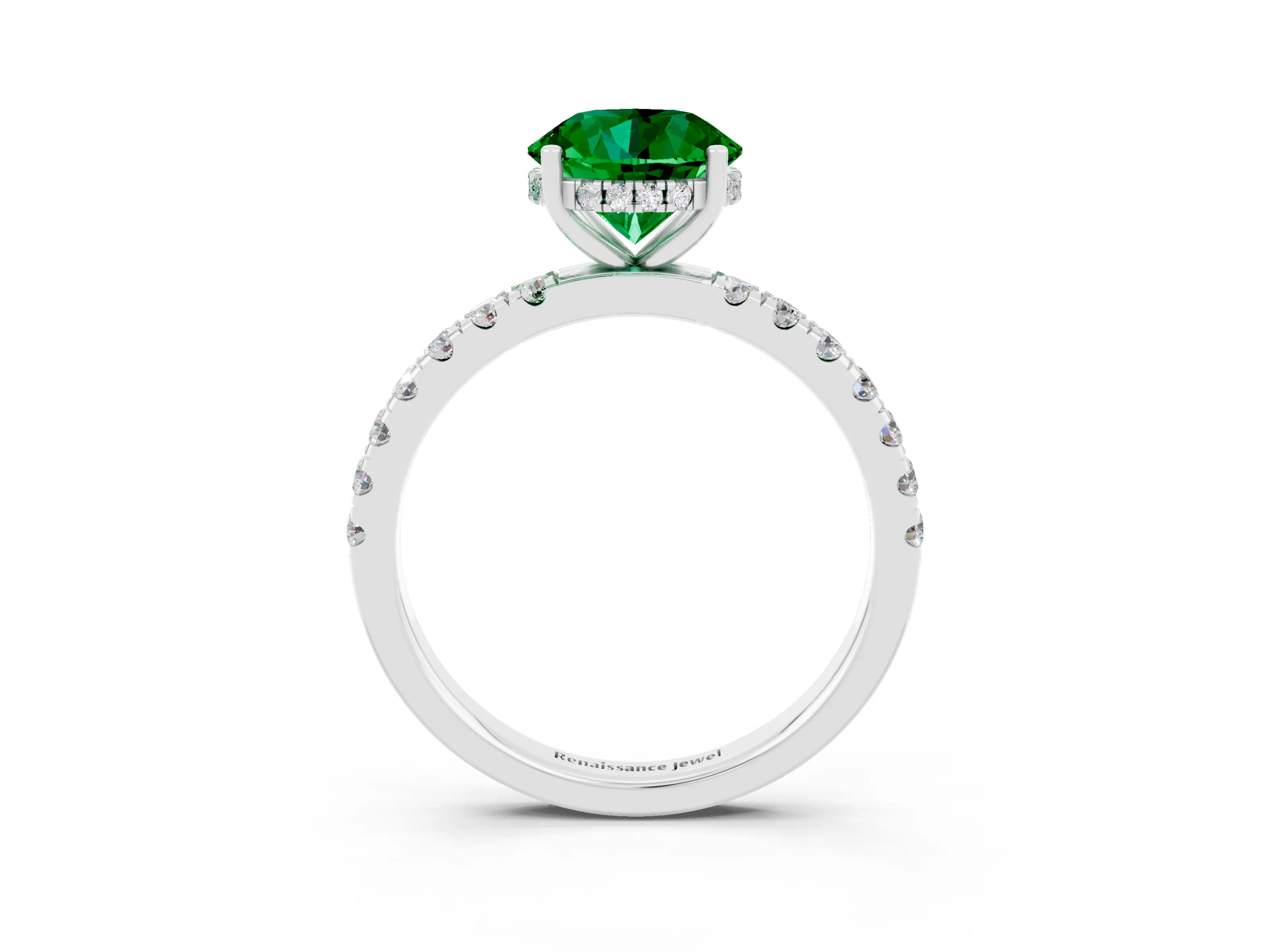 White gold Round Cut Emerald Pave Band Solitaire Ring with Four-Prong Setting_51