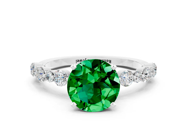 Platinum Round Cut Emerald Prong Set Engagement Ring with Pavé Band