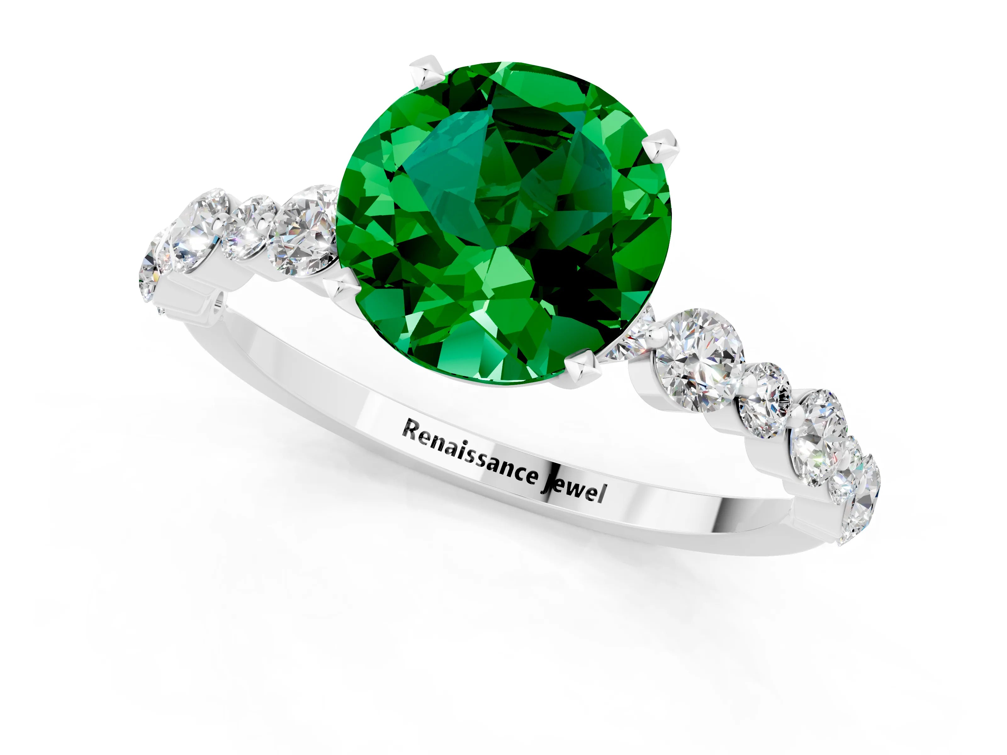 White gold Round Cut Emerald Prong Set Engagement Ring with Pavé Band_1
