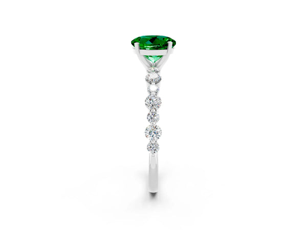 Platinum Round Cut Emerald Prong Set Engagement Ring with Pavé Band
