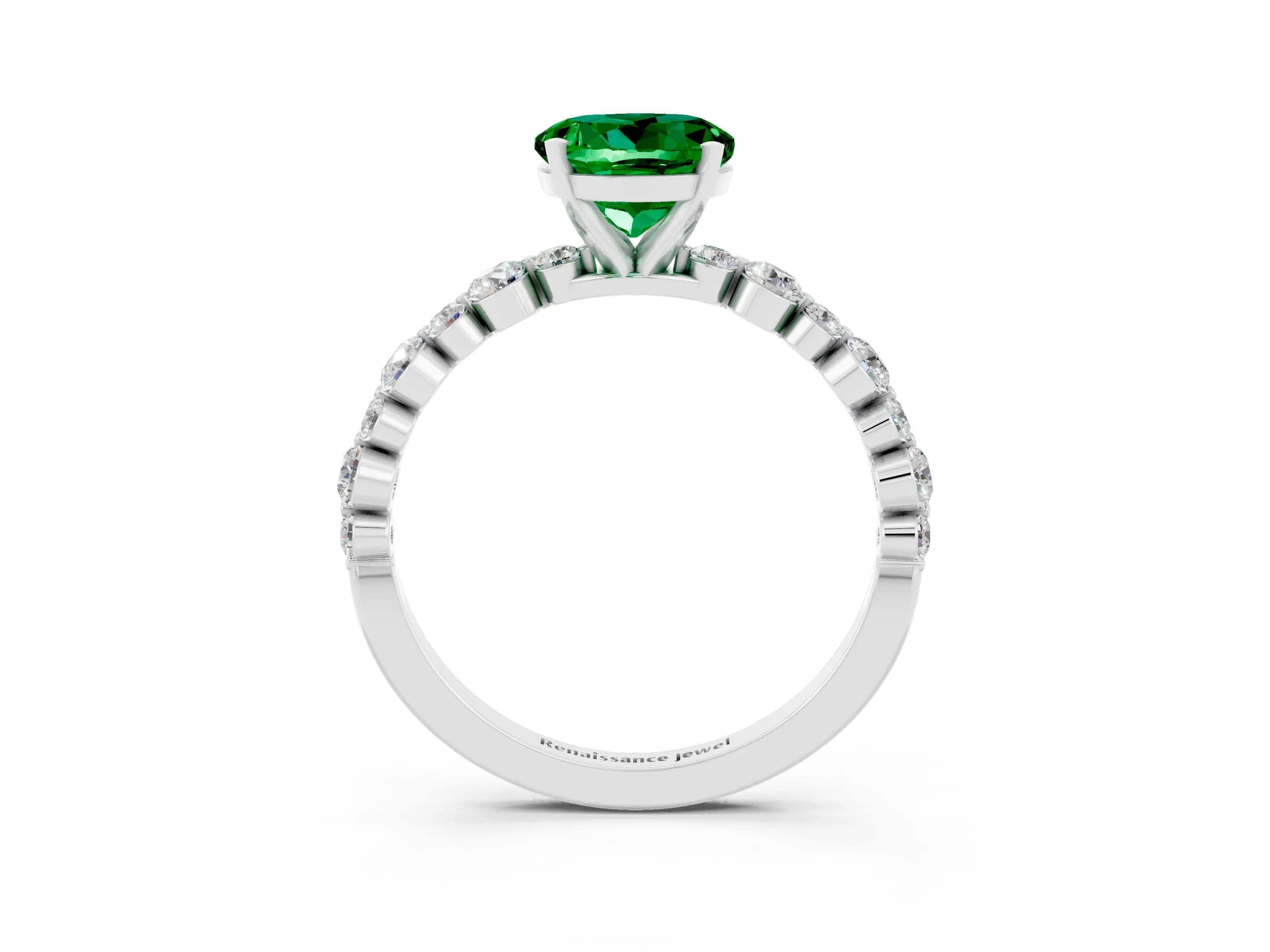 White gold Round Cut Emerald Prong Set Engagement Ring with Pavé Band_3