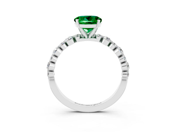 Silver Round Cut Emerald Prong Set Engagement Ring with Pavé Band