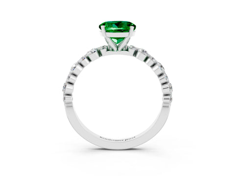 White gold Round Cut Emerald Prong Set Engagement Ring with Pavé Band_3