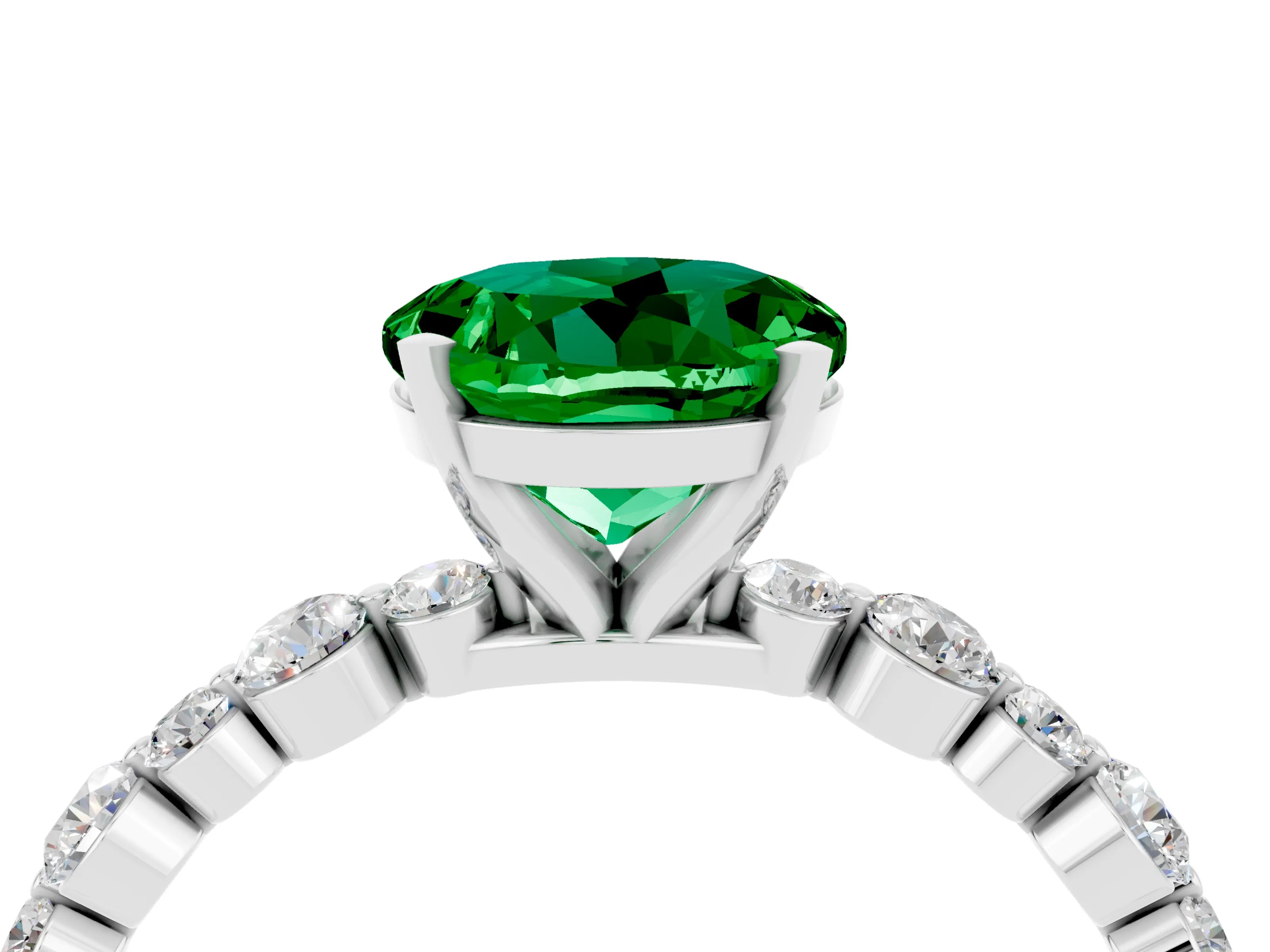 White gold Round Cut Emerald Prong Set Engagement Ring with Pavé Band_4