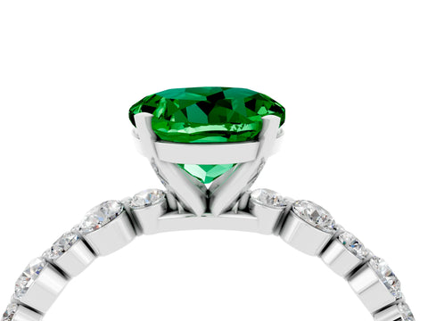 White gold Round Cut Emerald Prong Set Engagement Ring with Pavé Band_4