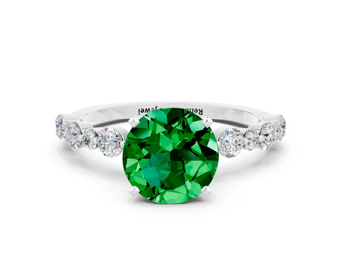 White gold Round Cut Emerald Prong Set Engagement Ring with Pavé Band