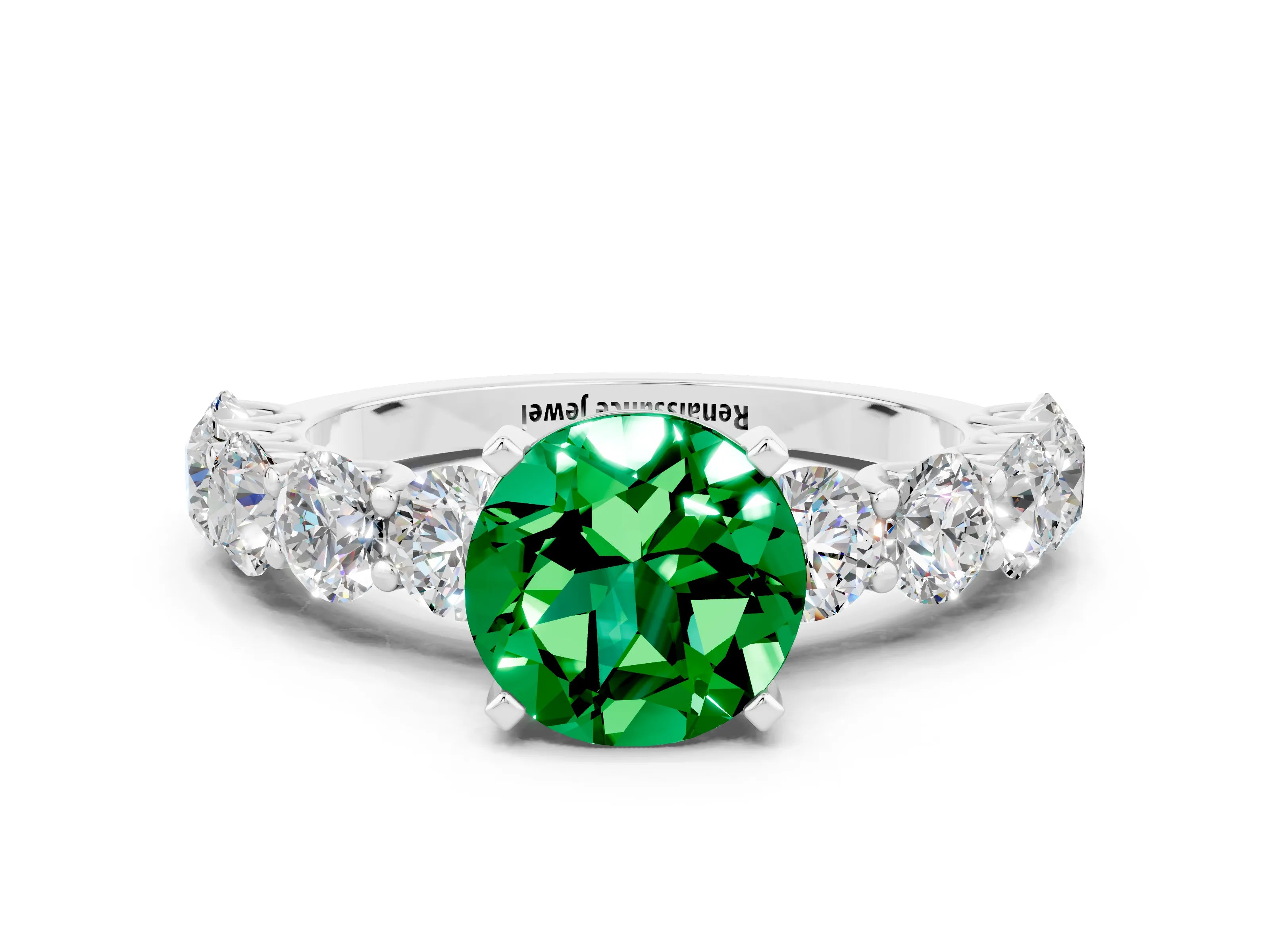 White gold Round Cut Emerald Prong Setting with Side Stones on a Pave Band