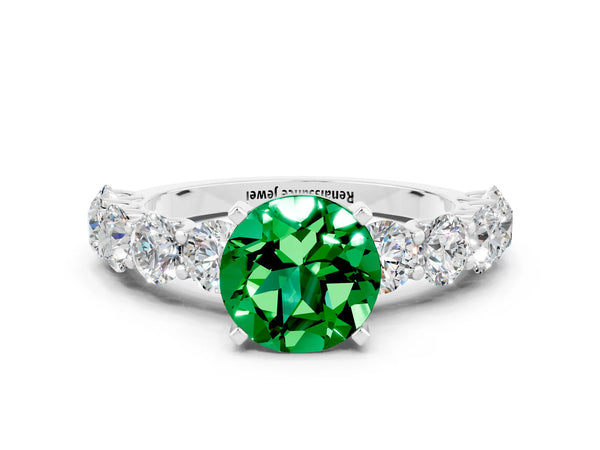 Platinum Round Cut Emerald Prong Setting with Side Stones on a Pave Band