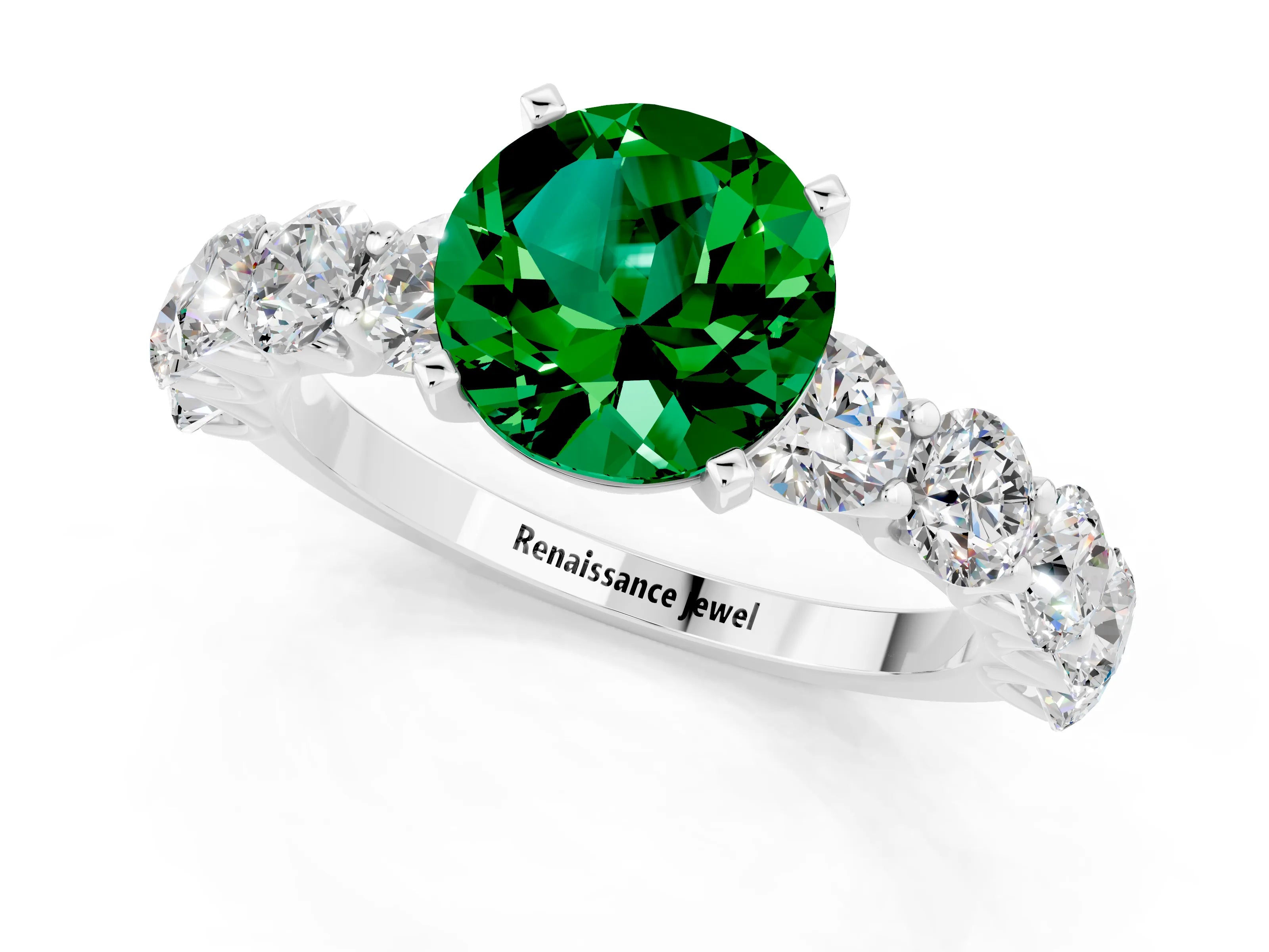 White gold Round Cut Emerald Prong Setting with Side Stones on a Pave Band_1