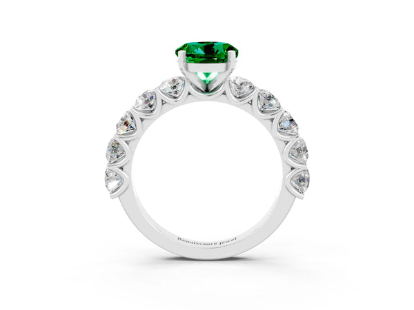 Platinum Round Cut Emerald Prong Setting with Side Stones on a Pave Band