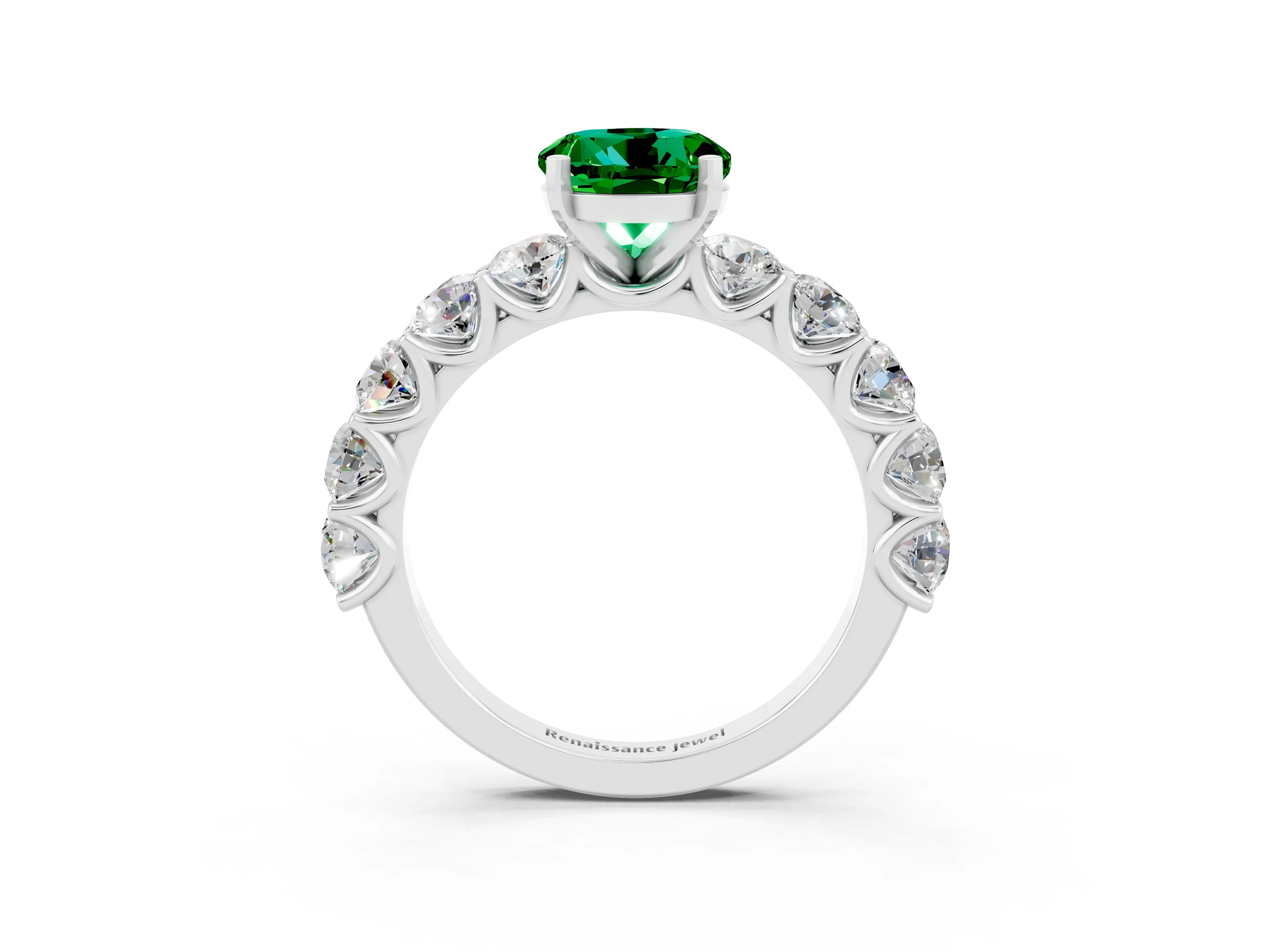 White gold Round Cut Emerald Prong Setting with Side Stones on a Pave Band_3