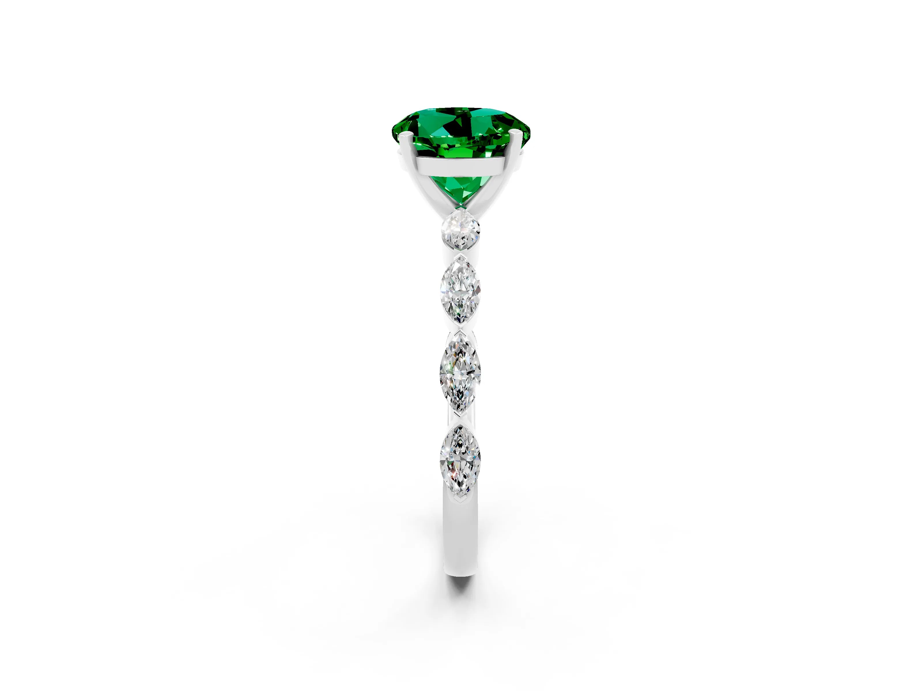 White gold Round Cut Emerald Ring with Marquise Side Stones and Prong Setting_2