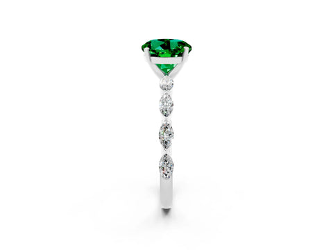 White gold Round Cut Emerald Ring with Marquise Side Stones and Prong Setting_2