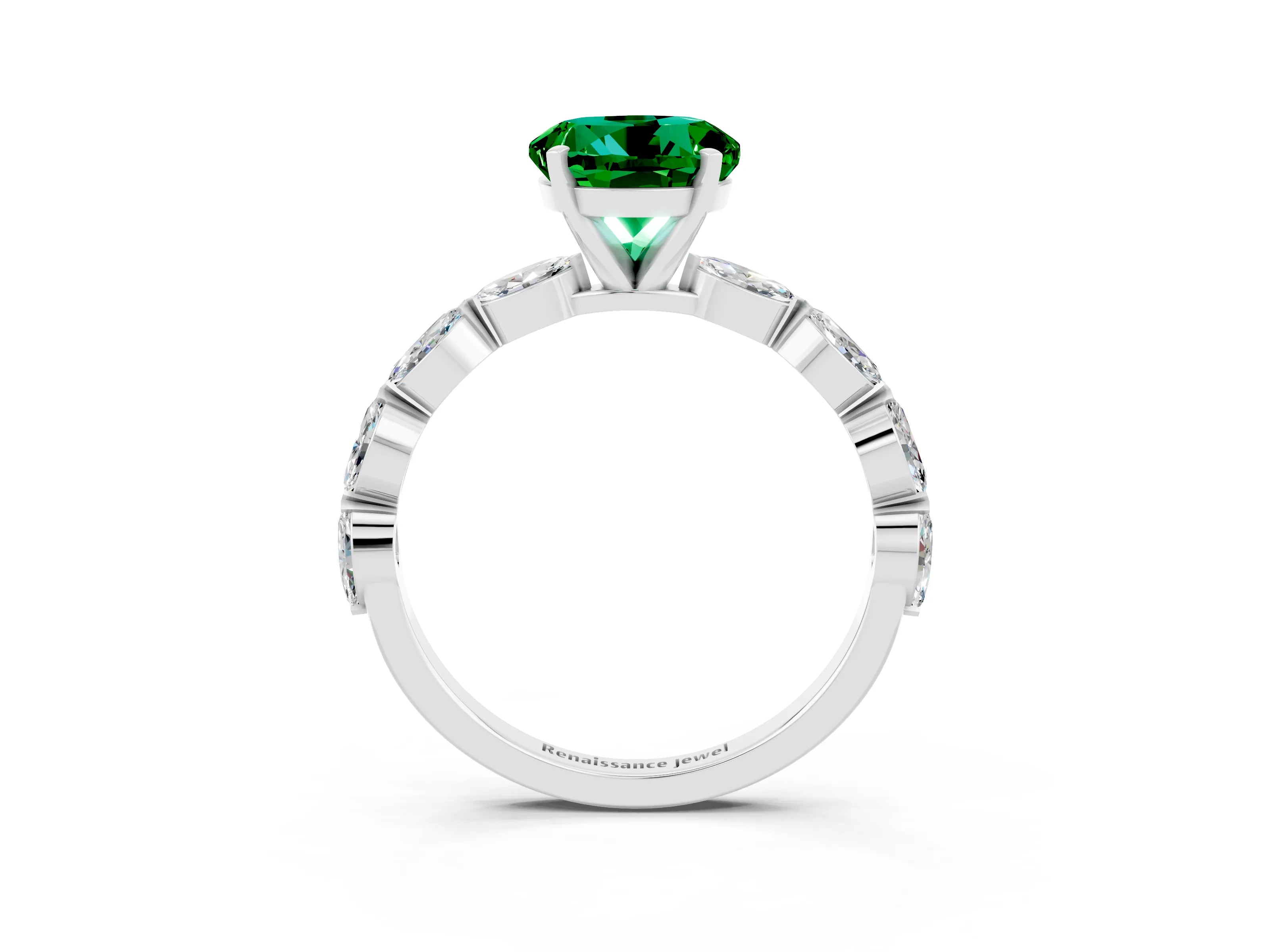 White gold Round Cut Emerald Ring with Marquise Side Stones and Prong Setting_3