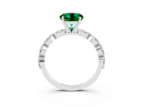 White gold Round Cut Emerald Ring with Marquise Side Stones and Prong Setting_3