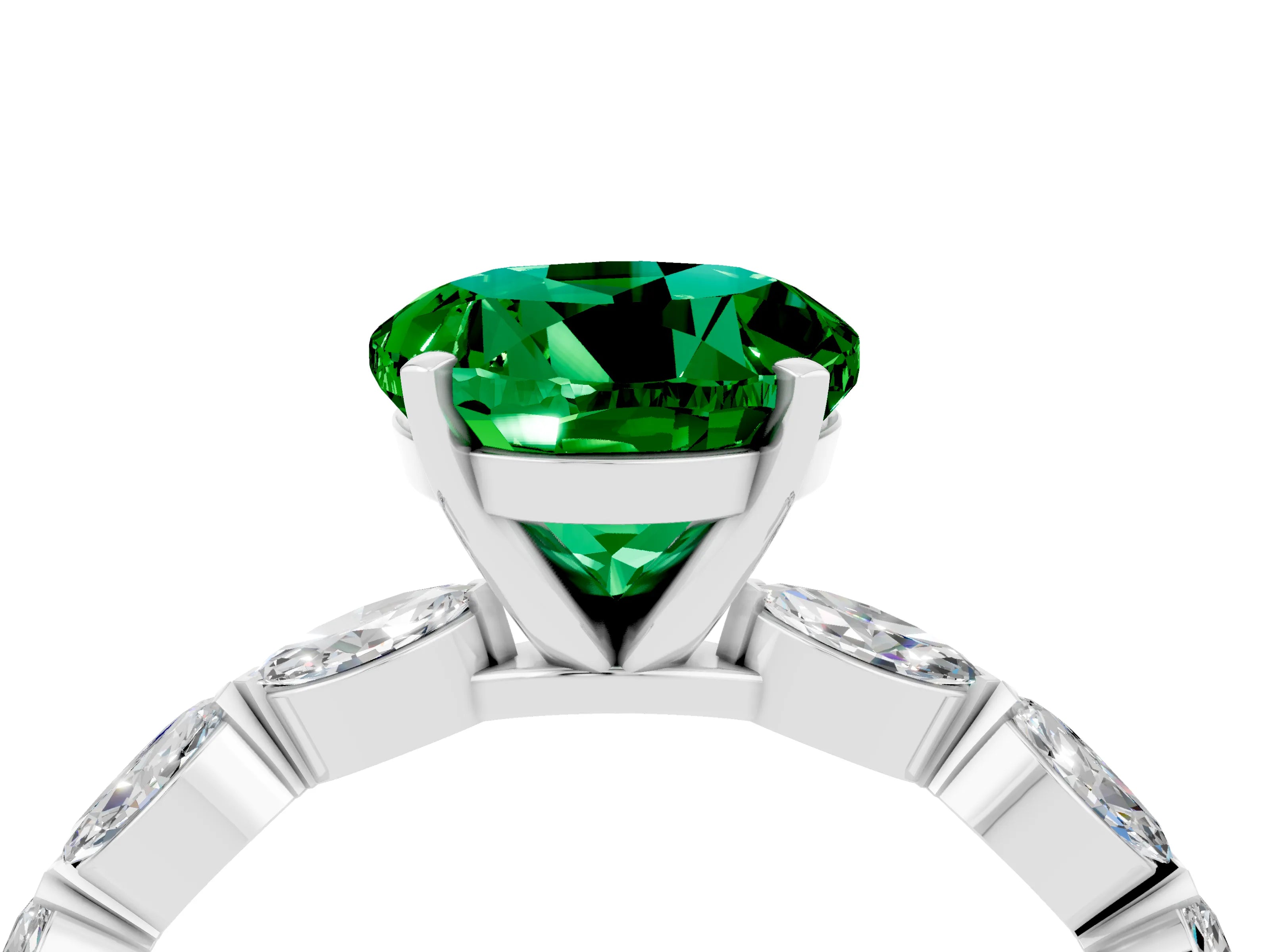 White gold Round Cut Emerald Ring with Marquise Side Stones and Prong Setting_4