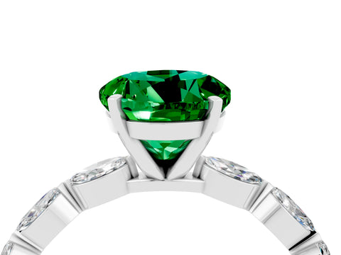 White gold Round Cut Emerald Ring with Marquise Side Stones and Prong Setting_4