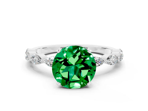 White gold Round Cut Emerald Ring with Marquise Side Stones and Prong Setting