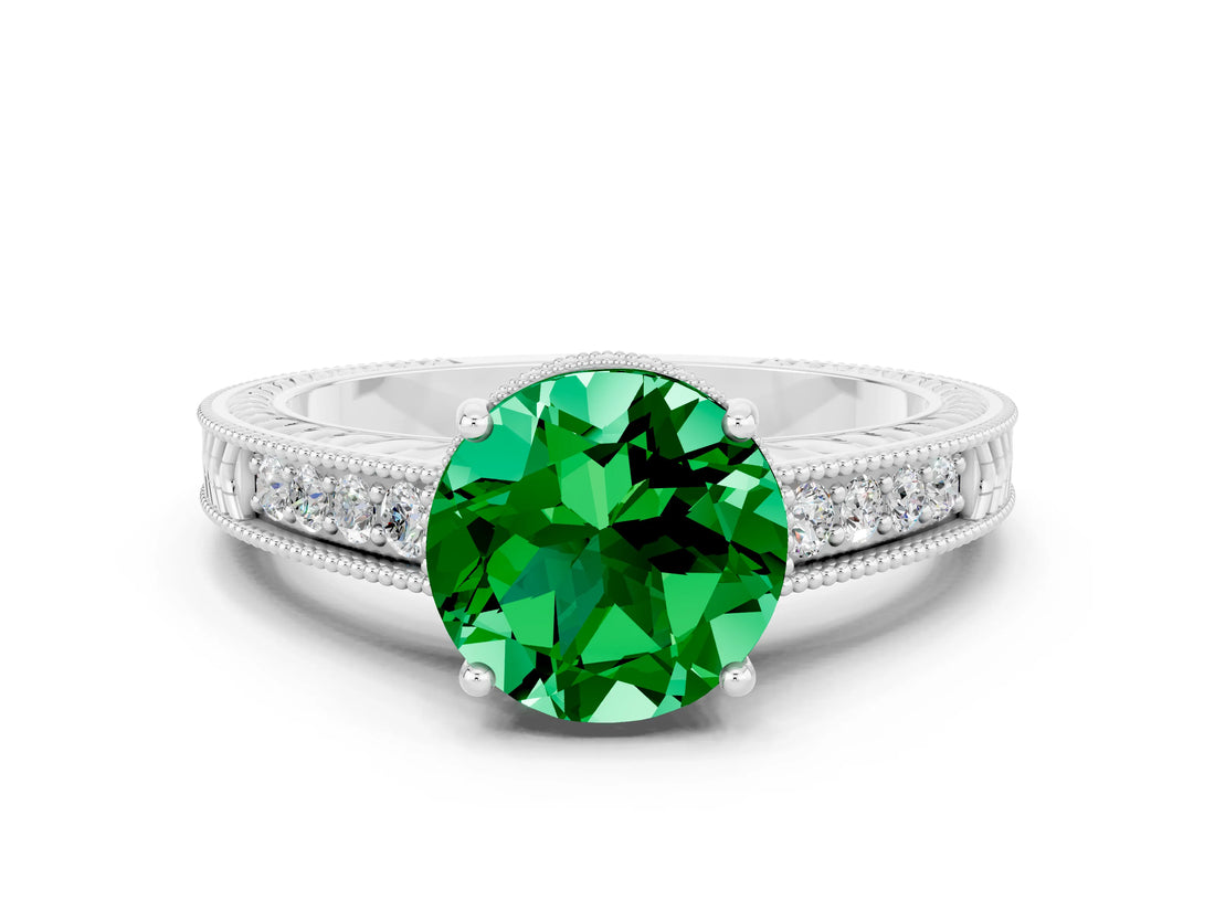 White gold Round Cut Emerald Ring with Milgrain Pavé Band and Four-Prong Setting_12