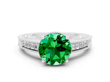 White gold Round Cut Emerald Ring with Milgrain Pavé Band and Four-Prong Setting_12