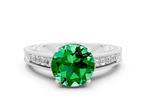 White gold Round Cut Emerald Ring with Milgrain Pavé Band and Four-Prong Setting_12
