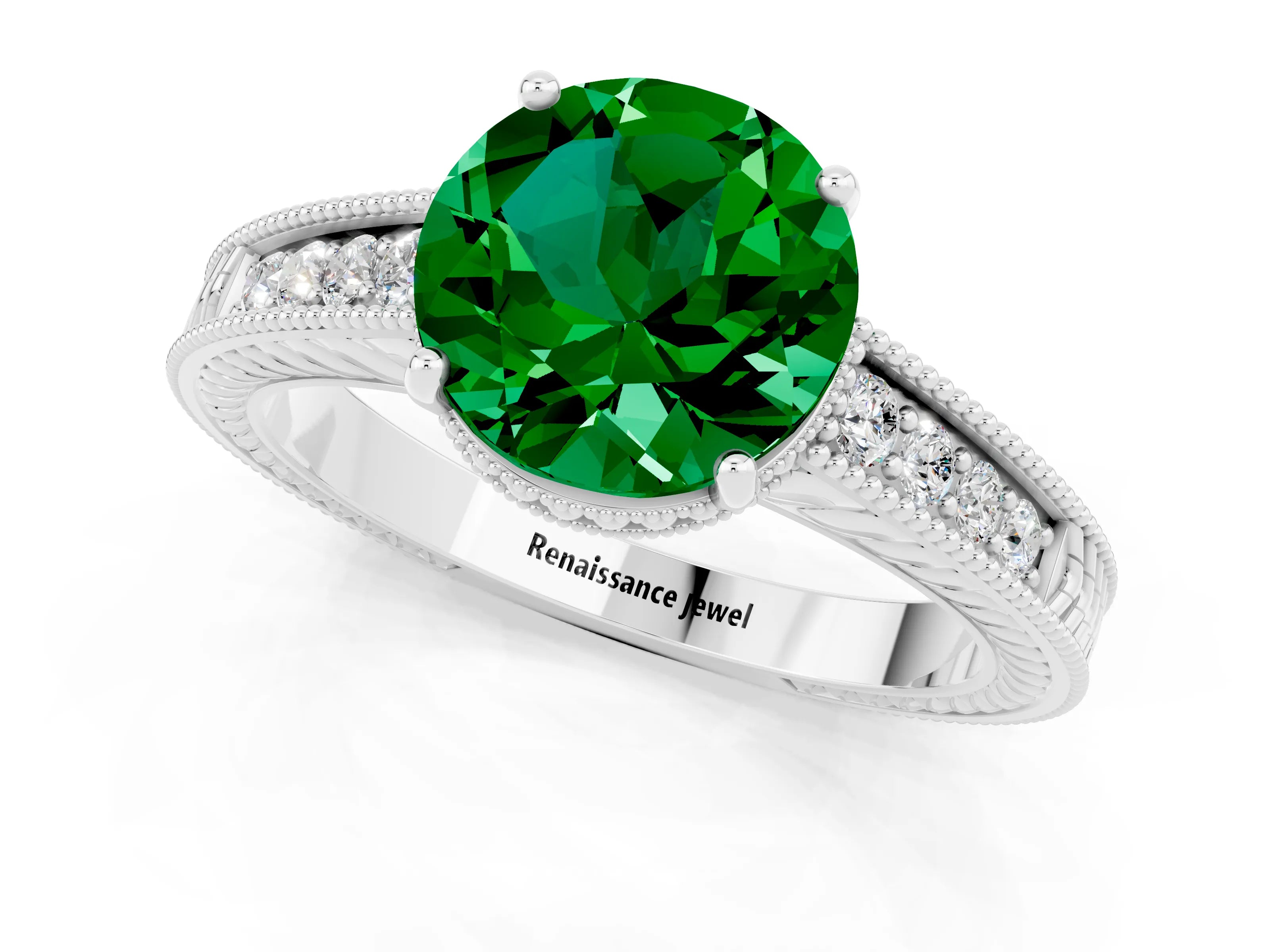 White gold Round Cut Emerald Ring with Milgrain Pavé Band and Four-Prong Setting_13