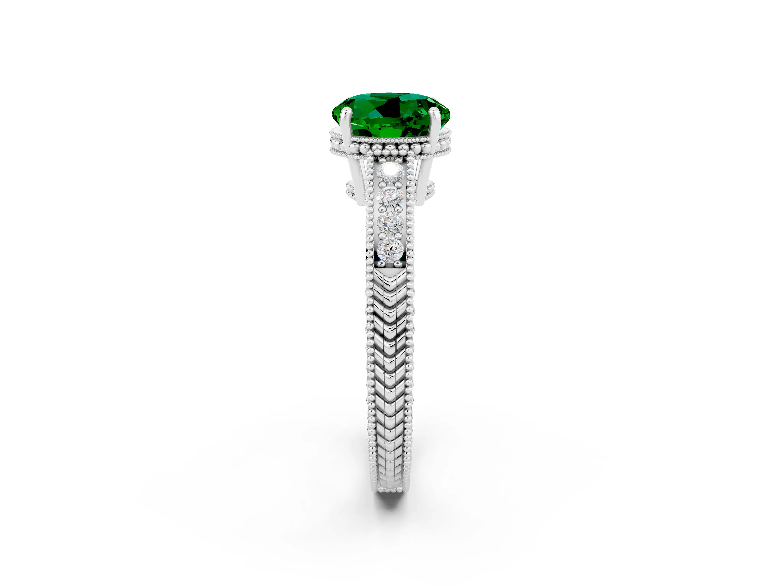 White gold Round Cut Emerald Ring with Milgrain Pavé Band and Four-Prong Setting_14