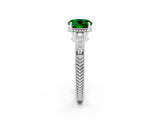 White gold Round Cut Emerald Ring with Milgrain Pavé Band and Four-Prong Setting_14