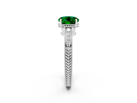 White gold Round Cut Emerald Ring with Milgrain Pavé Band and Four-Prong Setting_14
