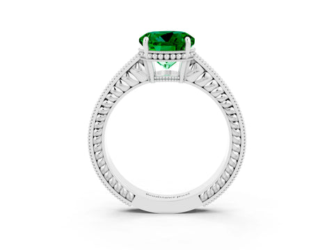 White gold Round Cut Emerald Ring with Milgrain Pavé Band and Four-Prong Setting_15
