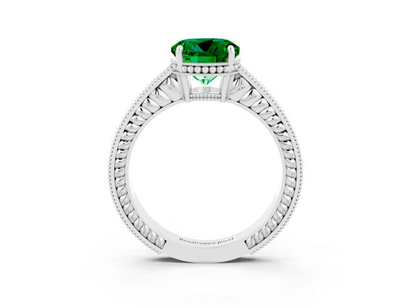White gold Round Cut Emerald Ring with Milgrain Pavé Band and Four-Prong Setting