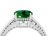 White gold Round Cut Emerald Ring with Milgrain Pavé Band and Four-Prong Setting_16