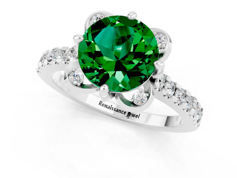 White gold Round Cut Emerald Ring with Pavé Band and Floral Prong Setting_1