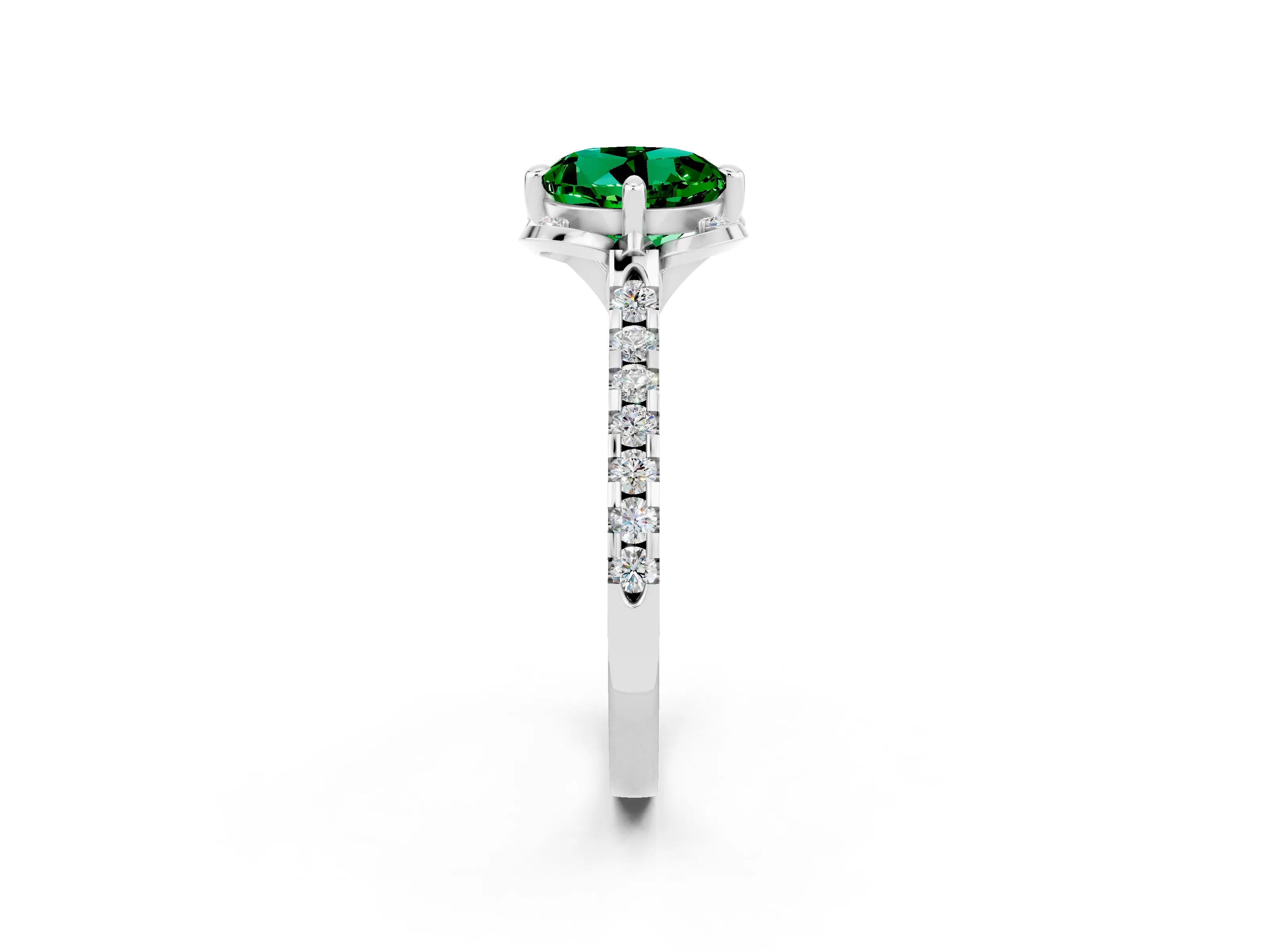 White gold Round Cut Emerald Ring with Pavé Band and Floral Prong Setting_2