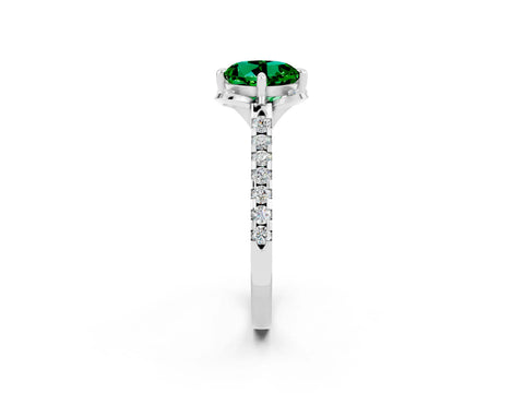 White gold Round Cut Emerald Ring with Pavé Band and Floral Prong Setting_2