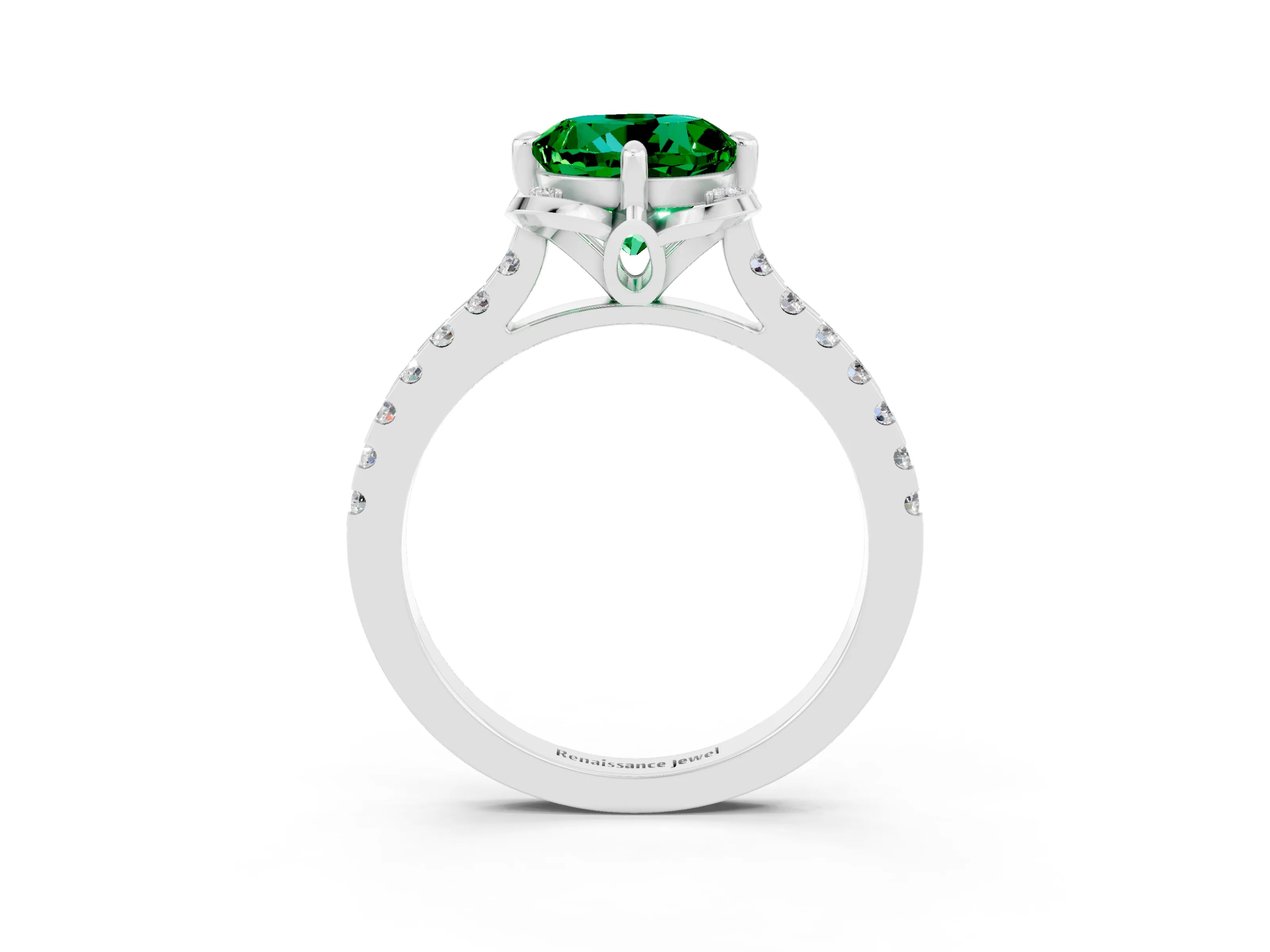 White gold Round Cut Emerald Ring with Pavé Band and Floral Prong Setting_3