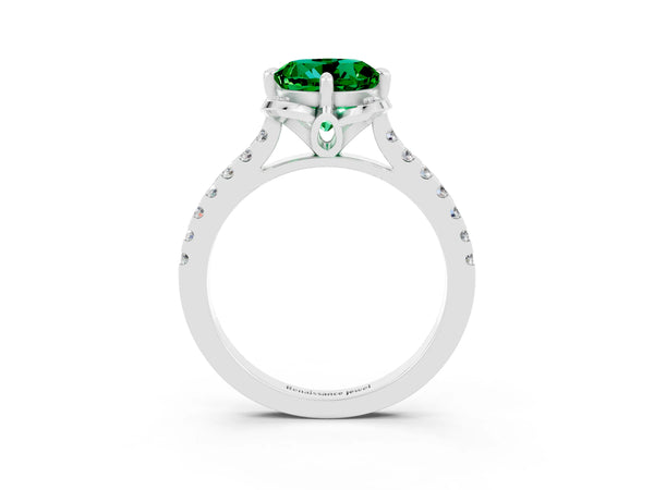 Silver Round Cut Emerald Ring with Pavé Band and Floral Prong Setting