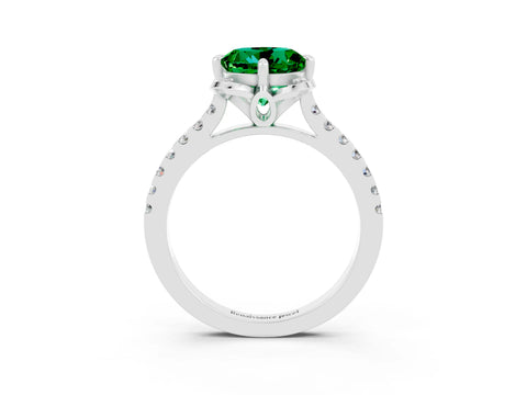 White gold Round Cut Emerald Ring with Pavé Band and Floral Prong Setting_3