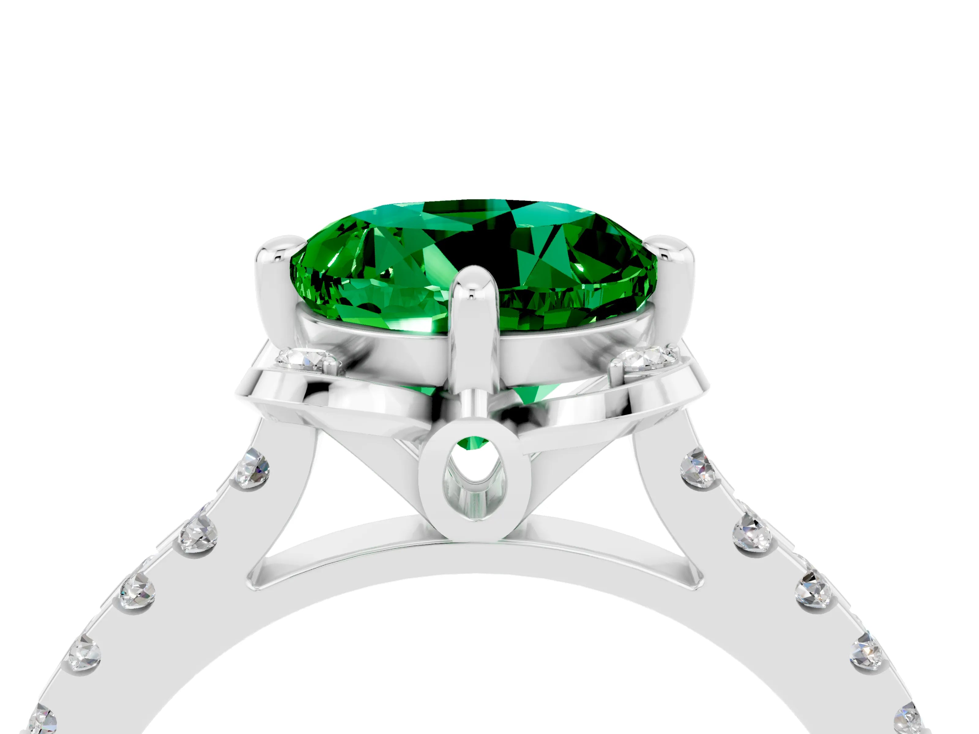 White gold Round Cut Emerald Ring with Pavé Band and Floral Prong Setting_4